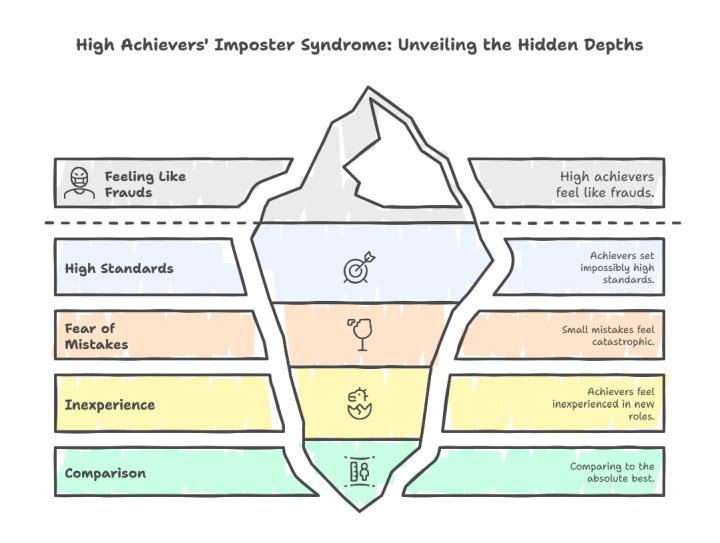 Illustrated iceberg graphic showing the hidden layers of imposter syndrome and high achievers, with visible feelings of fraudulence above water and deeper causes like high standards, fear of mistakes, inexperience, and comparison beneath the surface. The image visually represents how accomplished professionals struggle with unseen self-doubt despite their success.