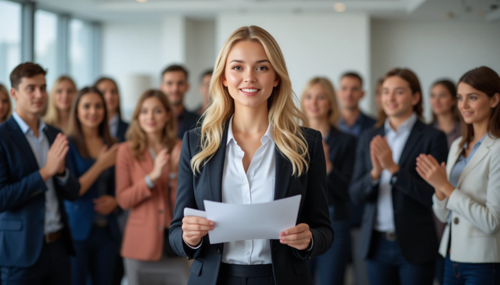 A confident businesswoman stands smiling in front of her applauding colleagues during a workplace presentation, symbolizing professional recognition and confidence despite inner self-doubt. This image represents imposter syndrome at work, where outward success contrasts with internal feelings of inadequacy.